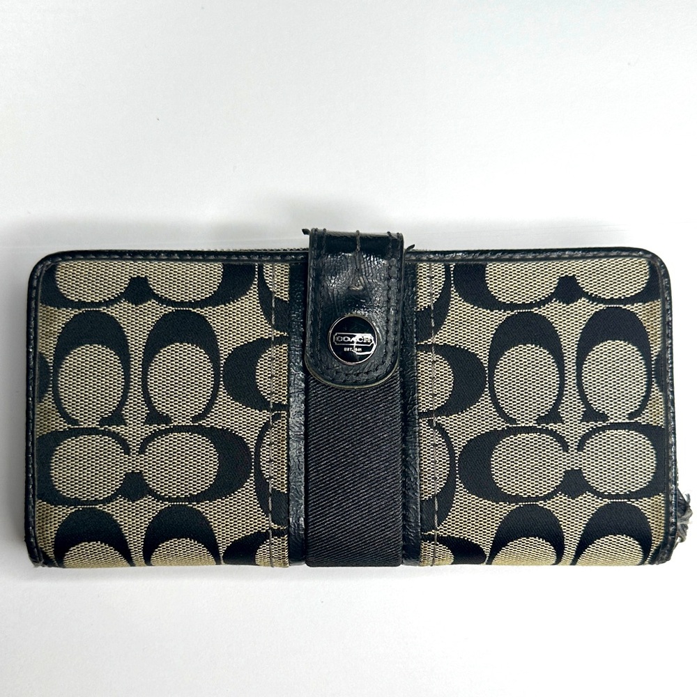 Coach Signature Canvas Black and Tan Continental Wallet